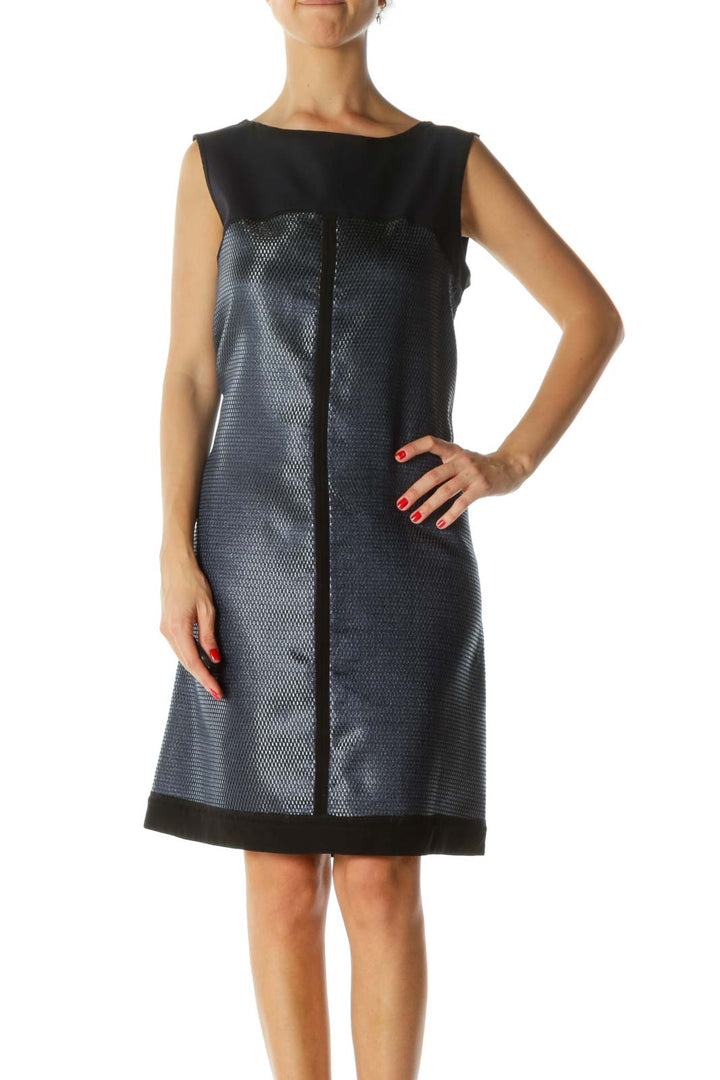Black Navy Jacquard Knit Mesh Metallic Dress