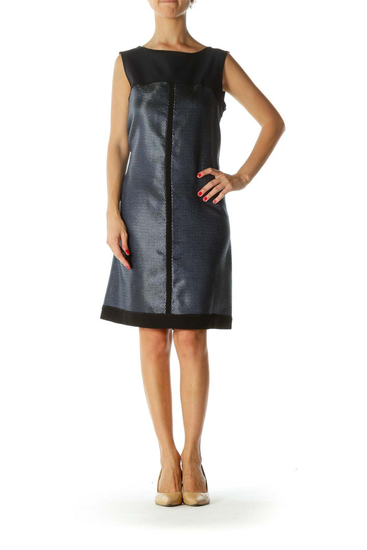 Black Navy Jacquard Knit Mesh Metallic Dress