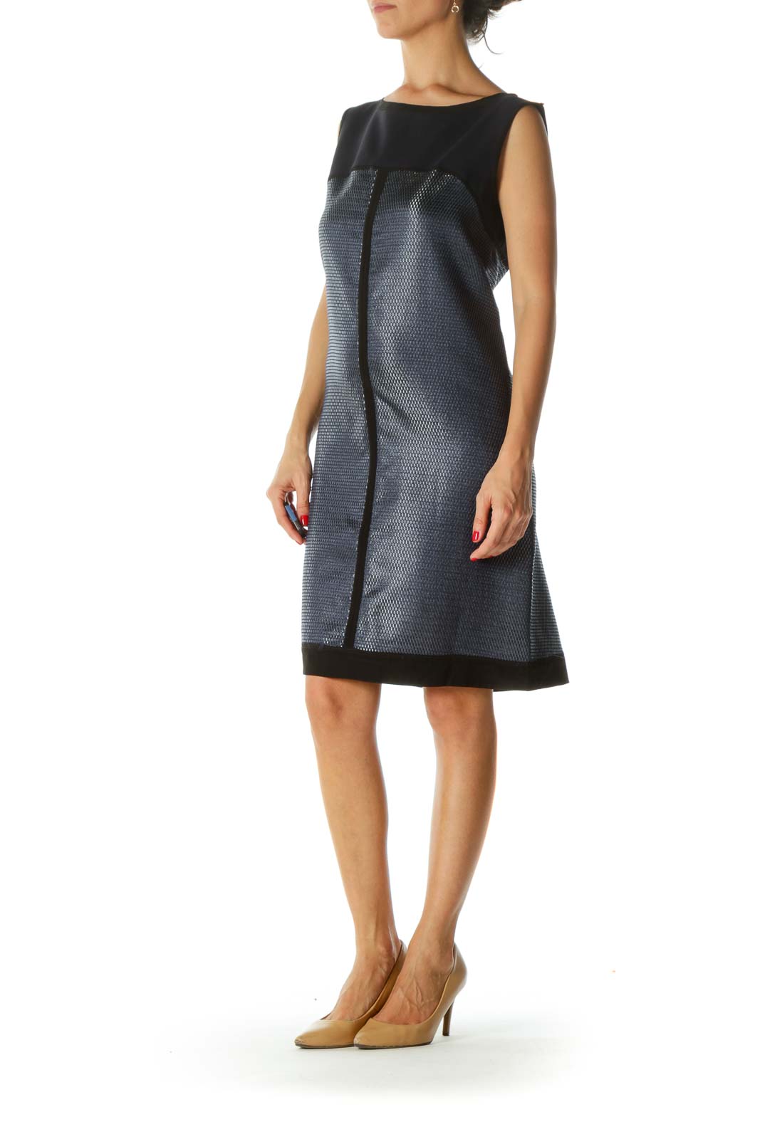Black Navy Jacquard Knit Mesh Metallic Dress