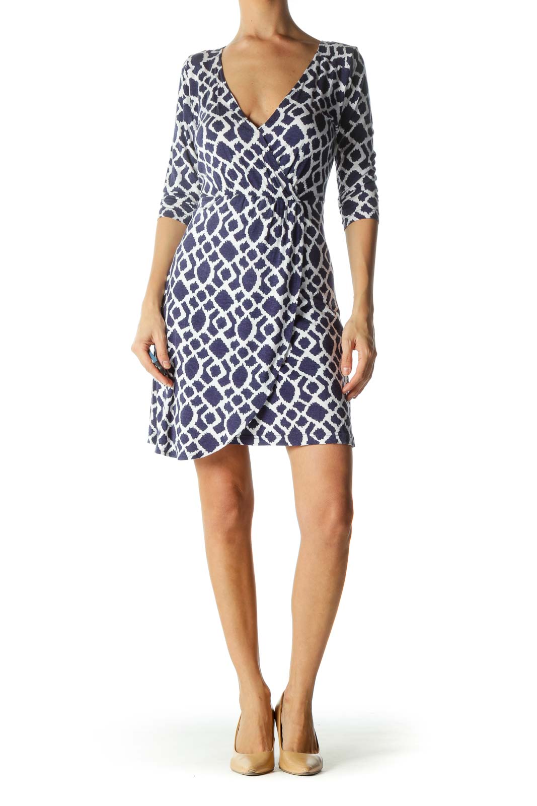 Blue and White V-Neck Print Wrap Dress