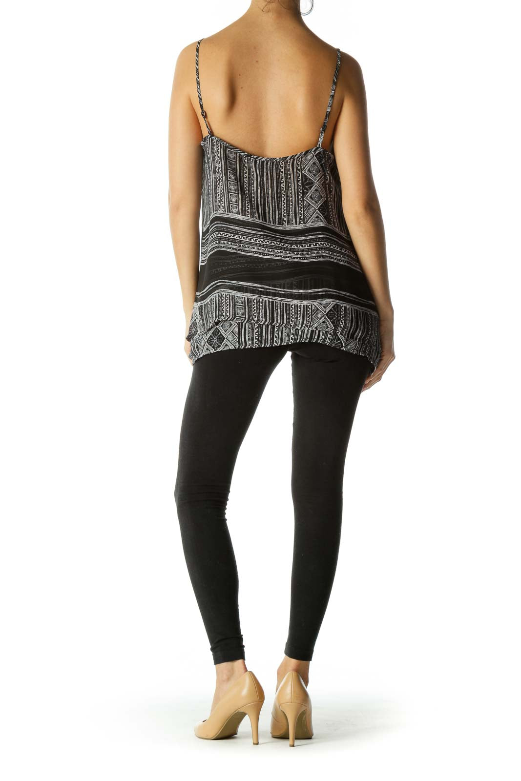 Black White Spaghetti Strap Print Translucent Top