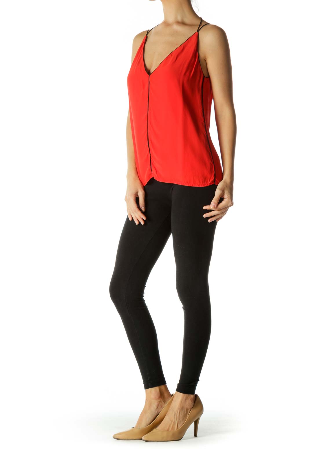 Orange Black Contrasting Piping V-Neck Blouse