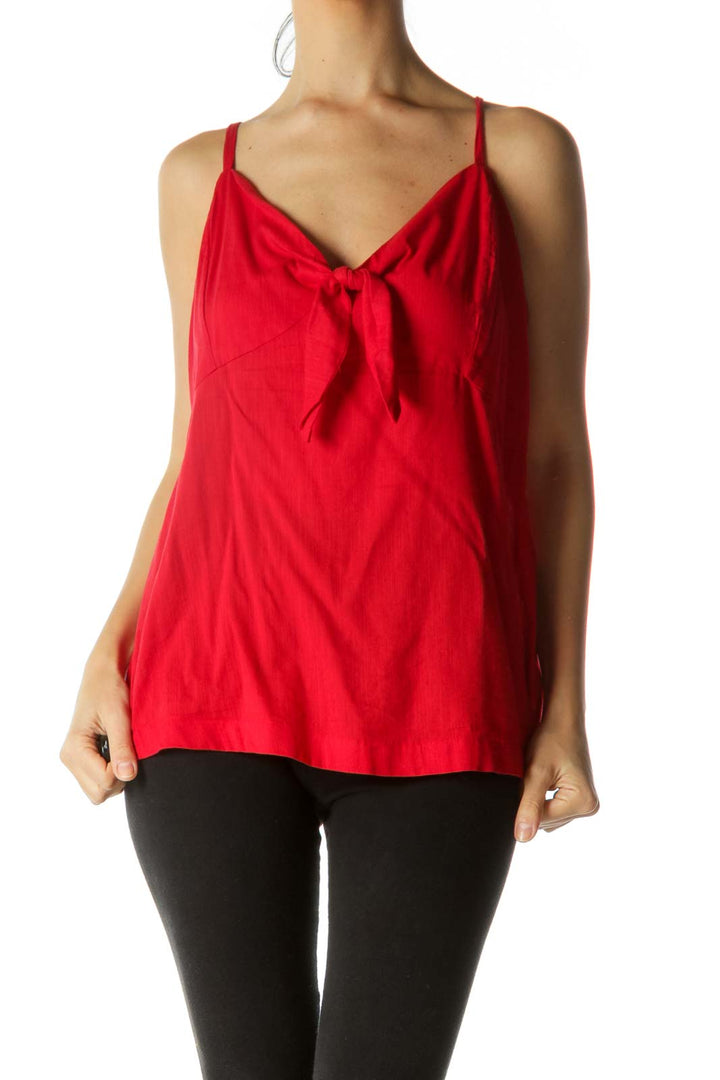 Red Cotton Blend Spaghetti Strap Knot Top