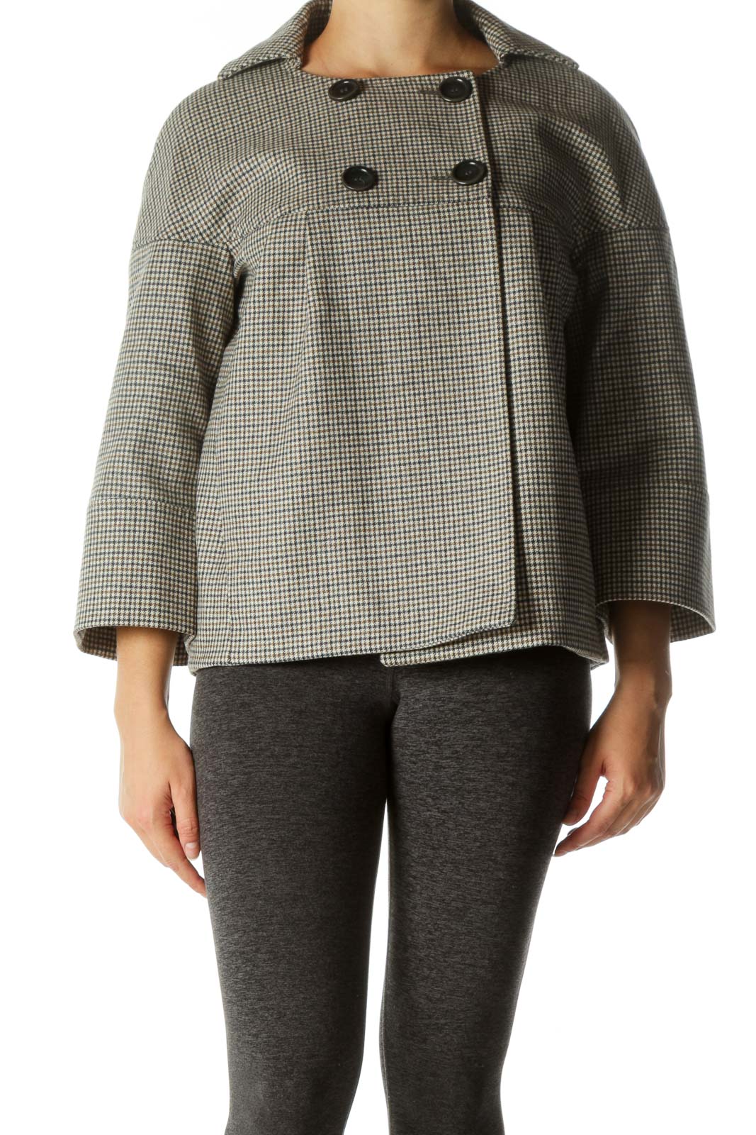 Gray Gingham Bell-Sleeve Button Coat
