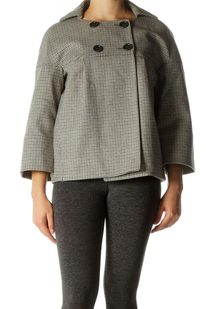 Gray Gingham Bell-Sleeve Button Coat