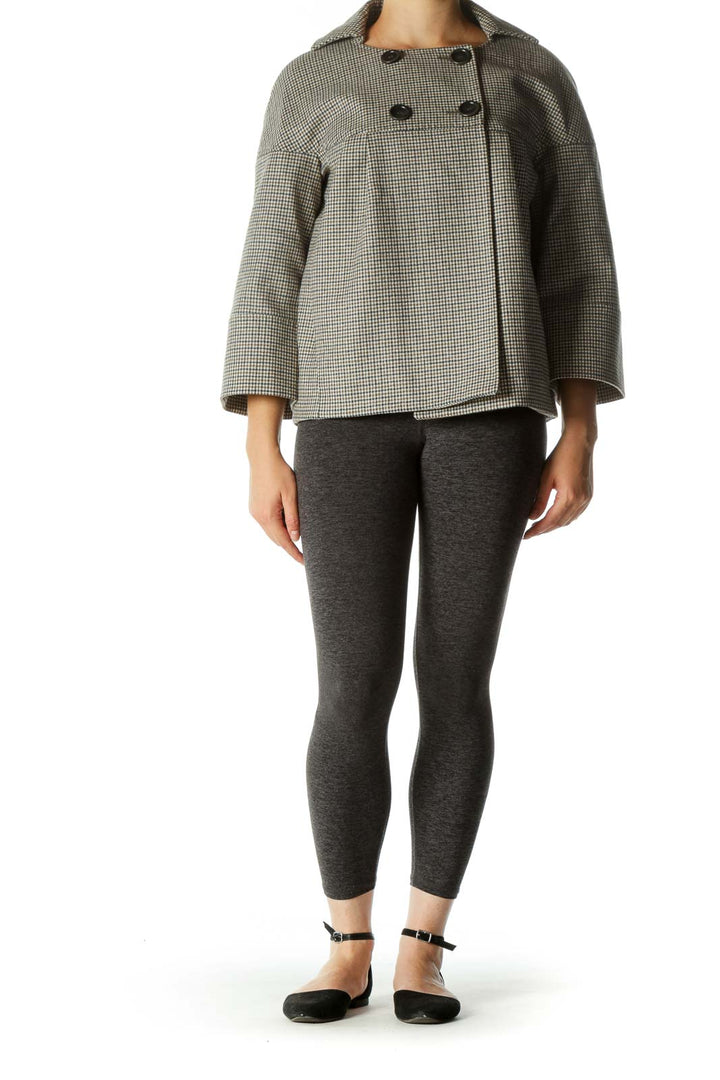 Gray Gingham Bell-Sleeve Button Coat