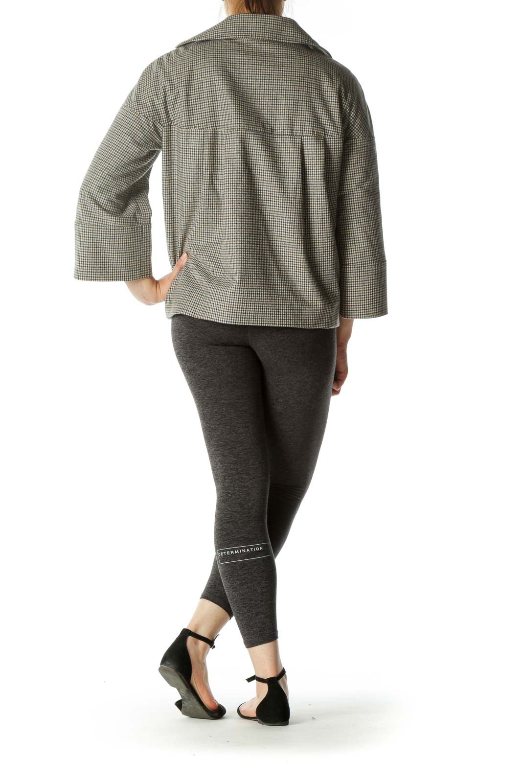 Gray Gingham Bell-Sleeve Button Coat