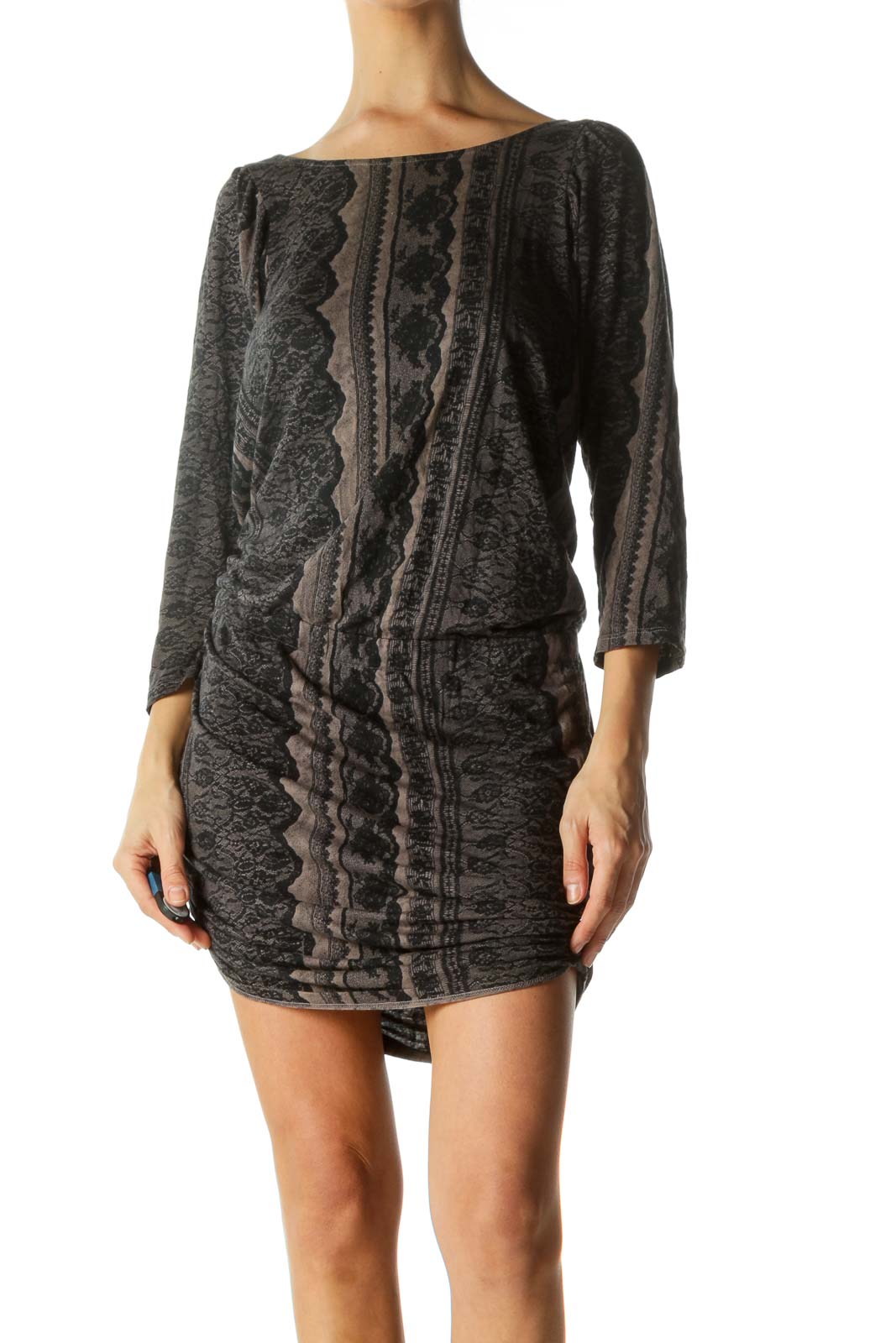 Black Brown Silk Blend Lace Print 3/4 Sleeve Stretch Day Dress