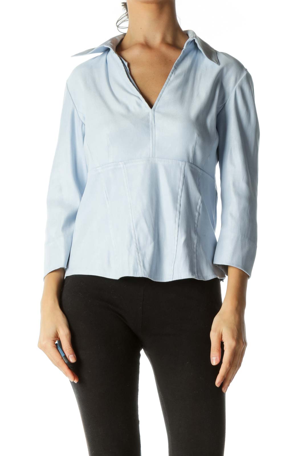 Light Blue V-Neck Faux-Suede Soft-Feel Long Sleeve Top