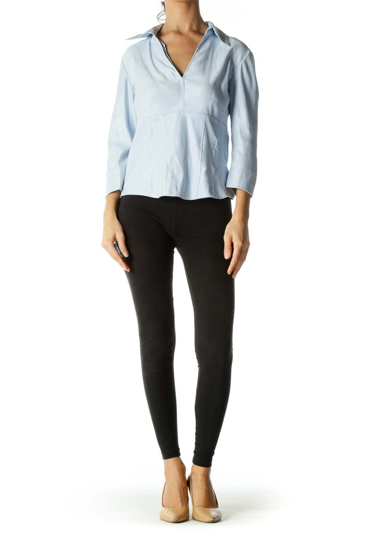 Light Blue V-Neck Faux-Suede Soft-Feel Long Sleeve Top