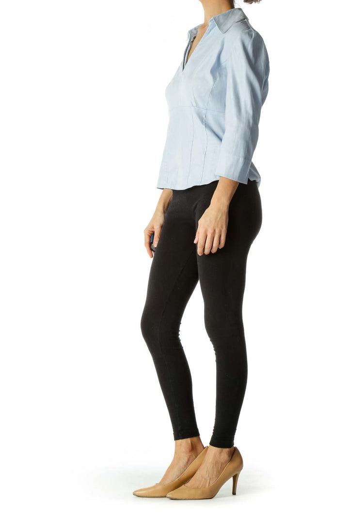 Light Blue V-Neck Faux-Suede Soft-Feel Long Sleeve Top