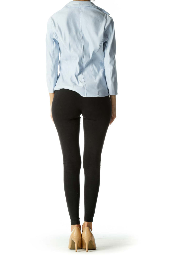 Light Blue V-Neck Faux-Suede Soft-Feel Long Sleeve Top