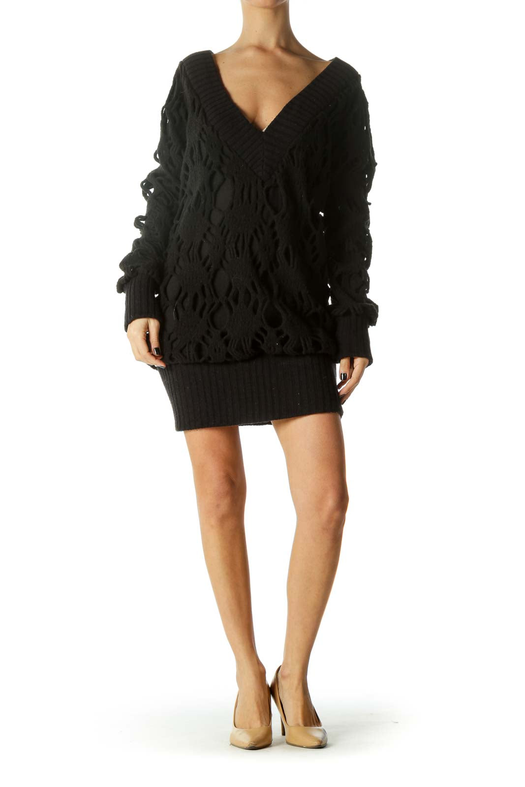 Black V-Neck Long Sleeve Knit Dress