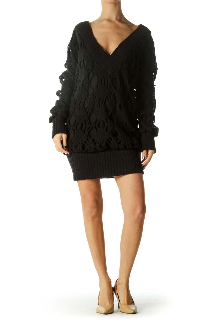 Black V-Neck Long Sleeve Knit Dress