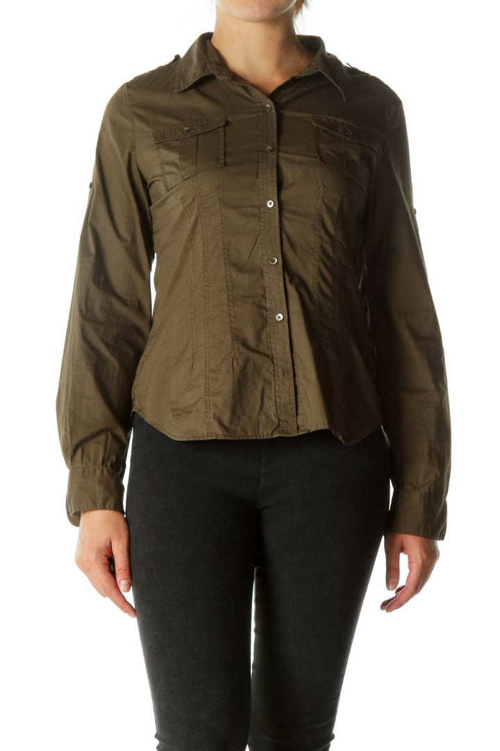 Olive Green Roll-Up Sleeves Shirt