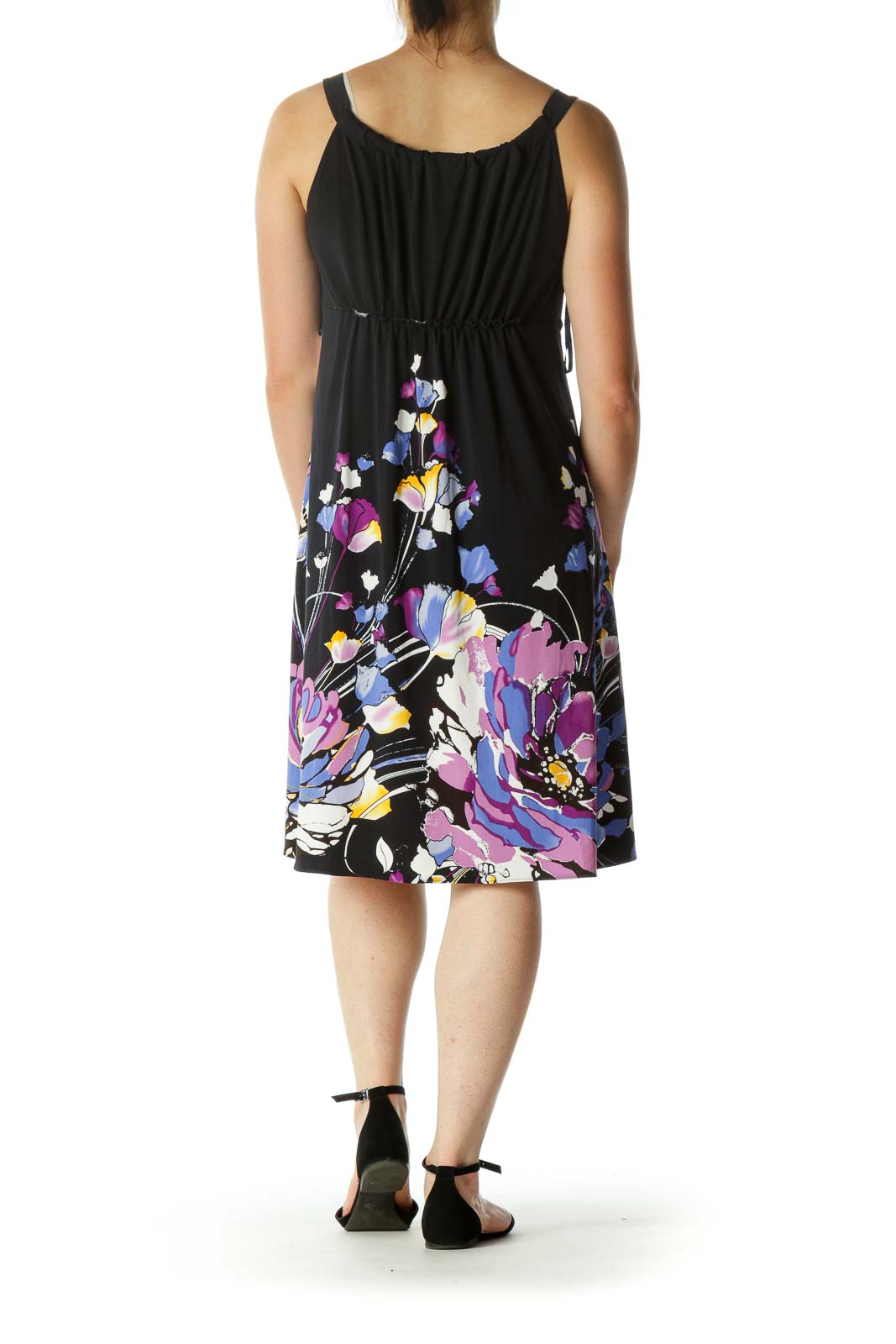 Multicolored Round Neck Scrunched Floral Print Stretch Cocktail Dress