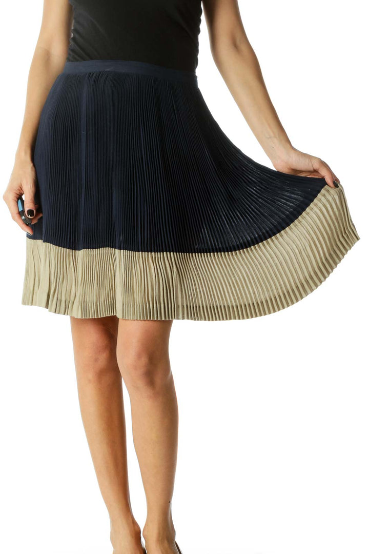 Navy & Cream Color Block Pleated Skirt