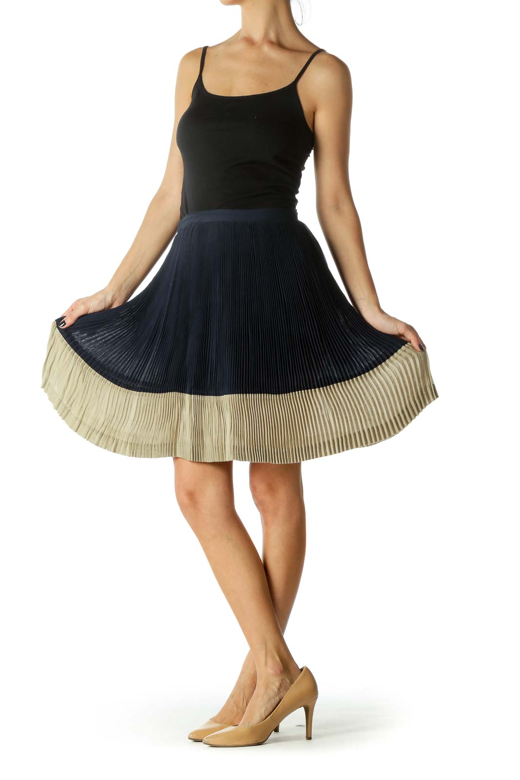 Navy & Cream Color Block Pleated Skirt