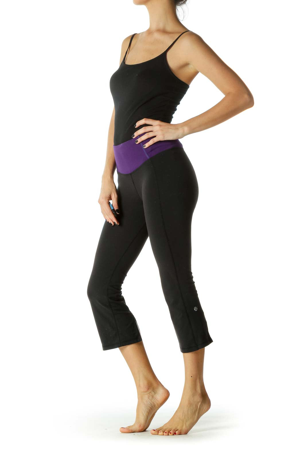 Black & Purple Elastic Band Slitted Yoga Pants
