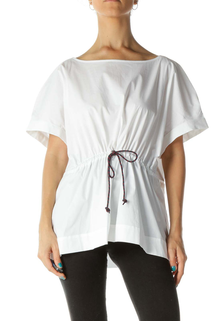 White Cap Sleeve Waist- Tie Round Neck Shirt