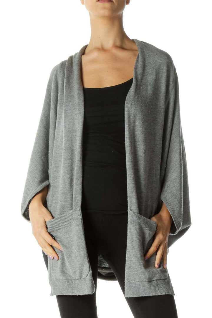 Gray Wool Blend Pocketed Open Cardigan