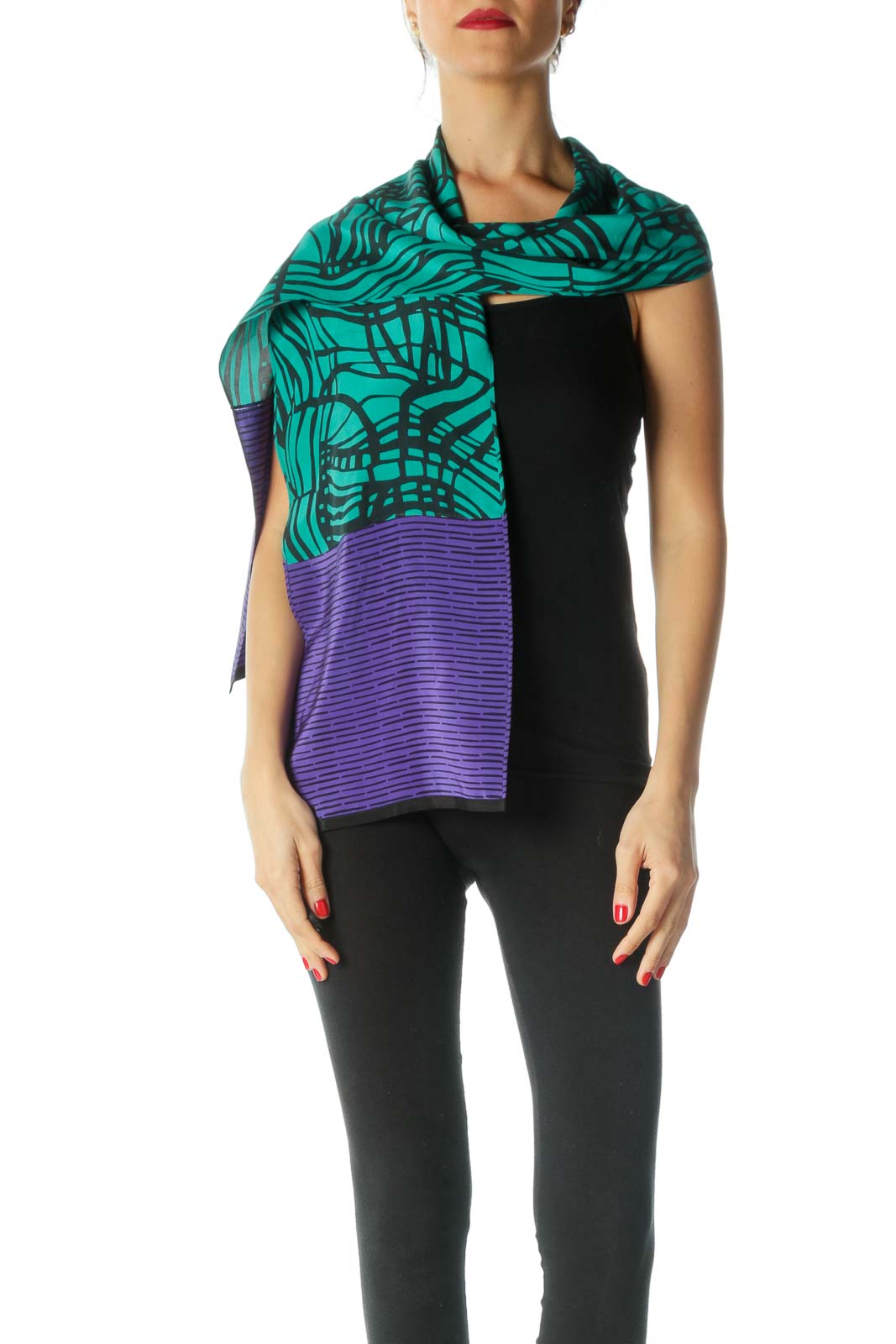 Black Green Purple 100% Silk Print Scarf
