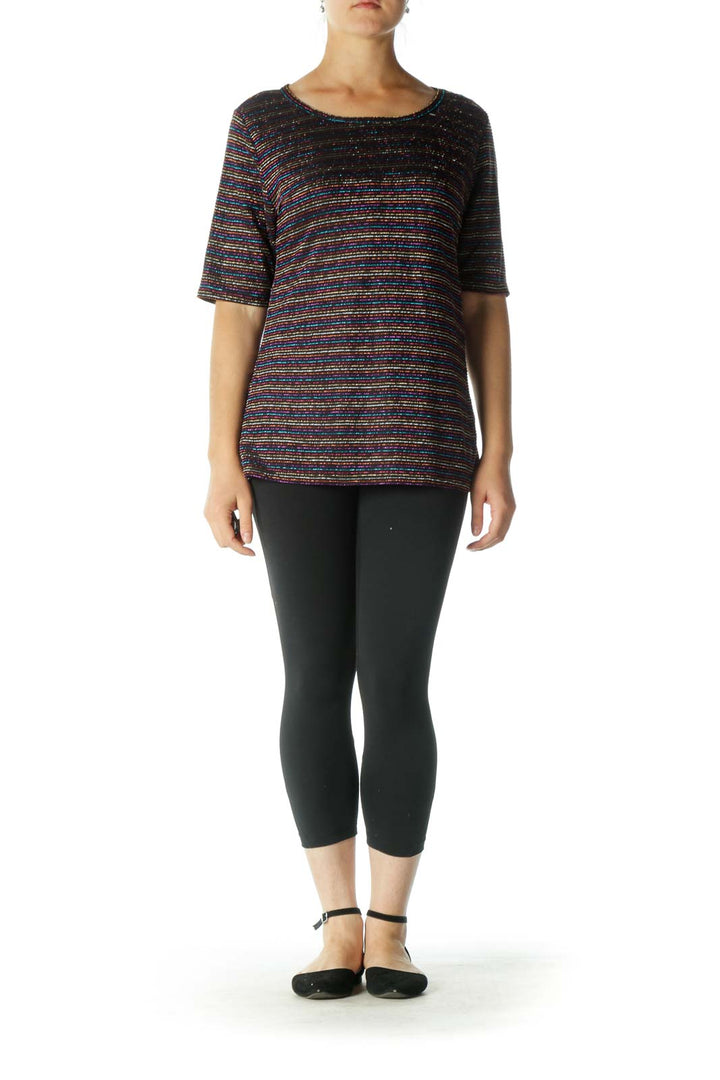 Black Multicolored Striped Textured Print T-Shirt