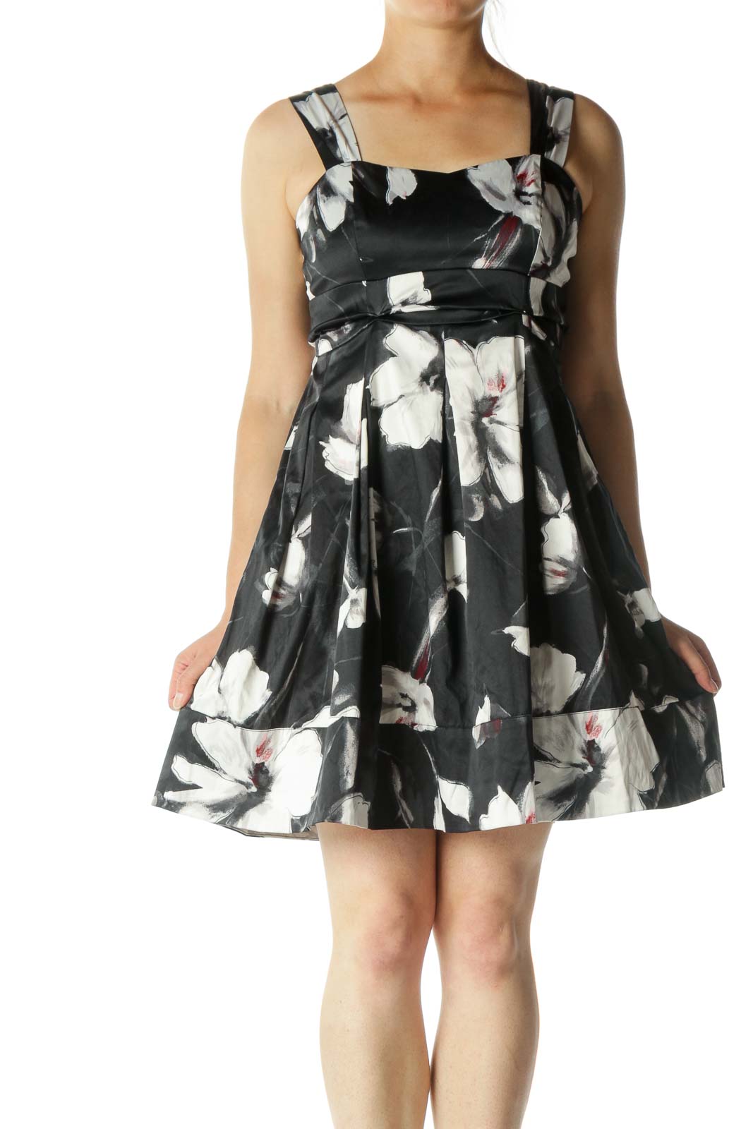 Gray White Red Floral Print Sweetheart Neckline Dress