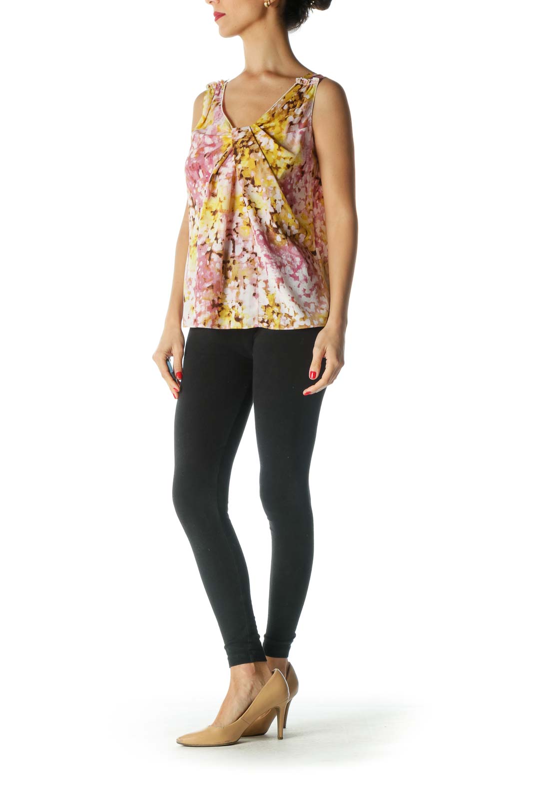 Pink Yellow V-Neck Print Tank Top