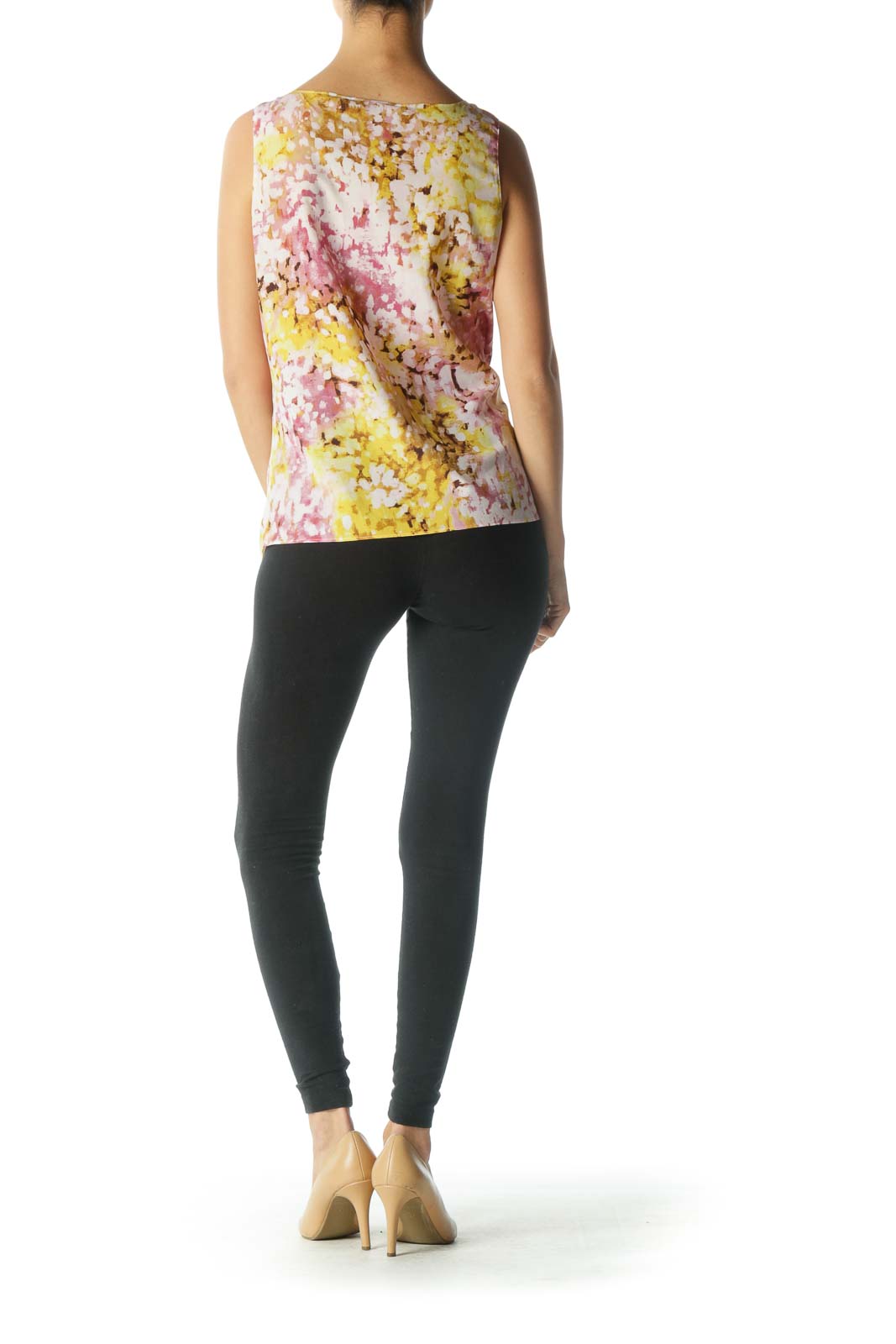 Pink Yellow V-Neck Print Tank Top