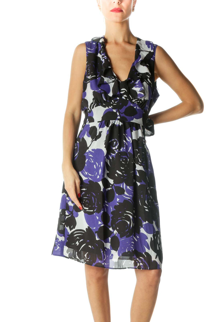 Blue Black White V-Neck Floral Print Flared Dress