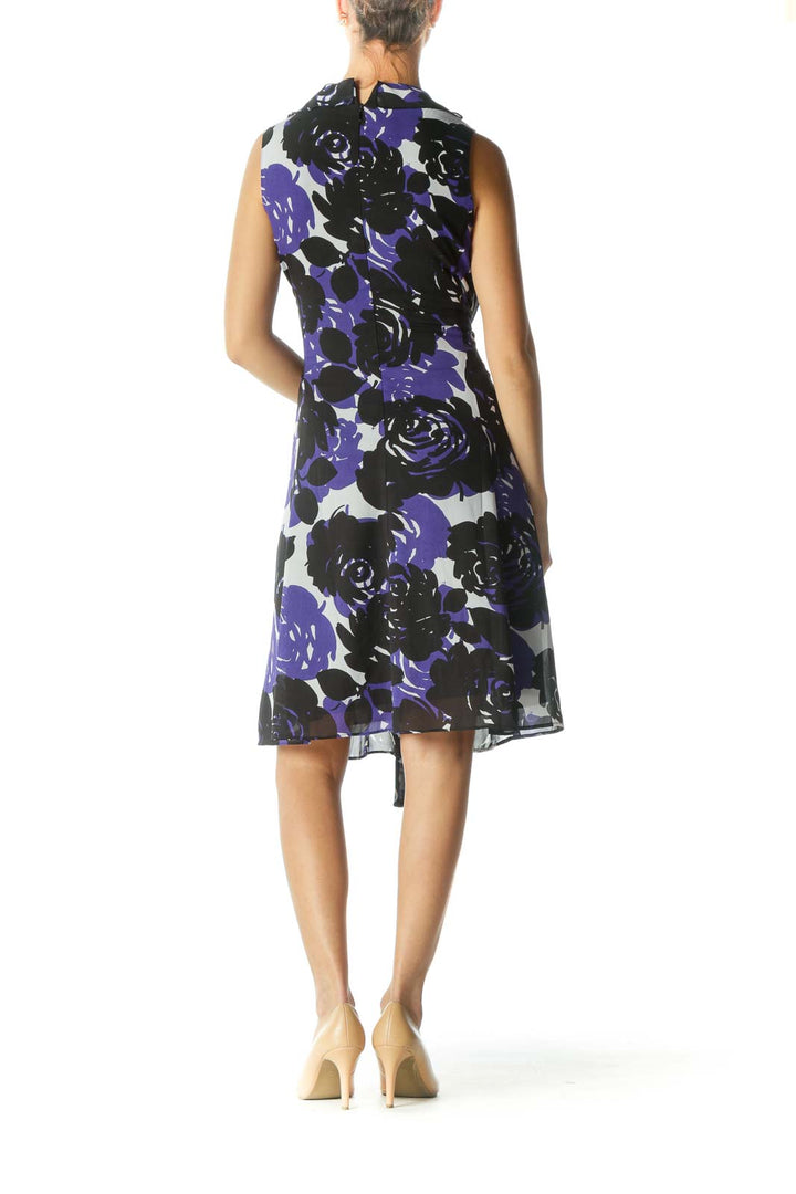 Blue Black White V-Neck Floral Print Flared Dress