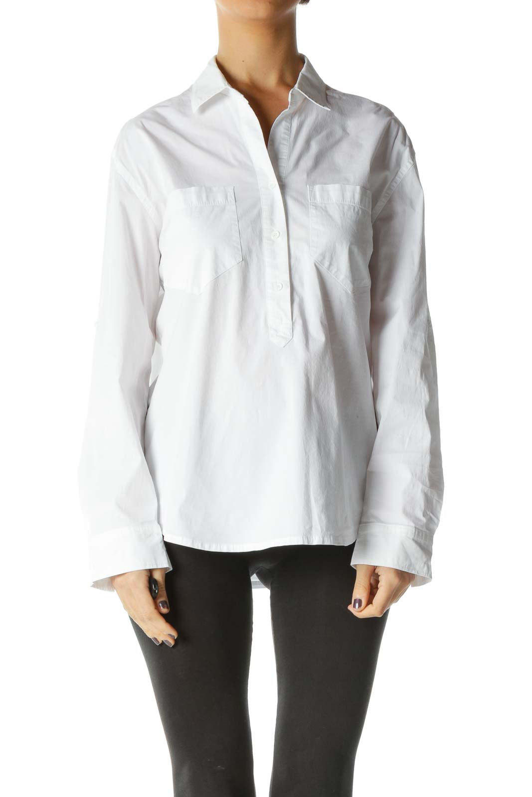 White Solid Collared Top