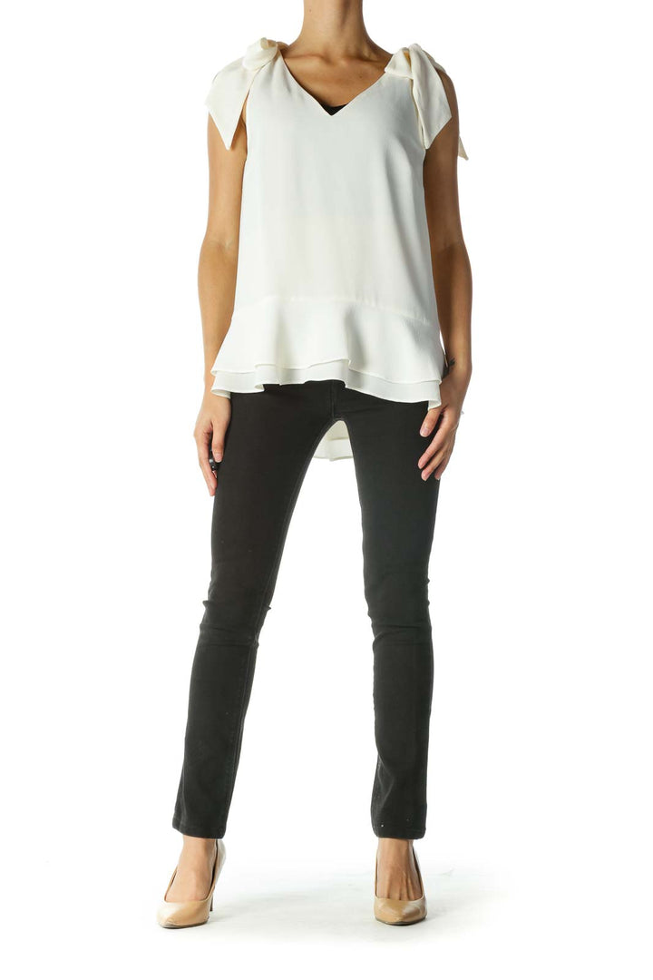 Cream V-Neck Bow Detail Flared Blouse