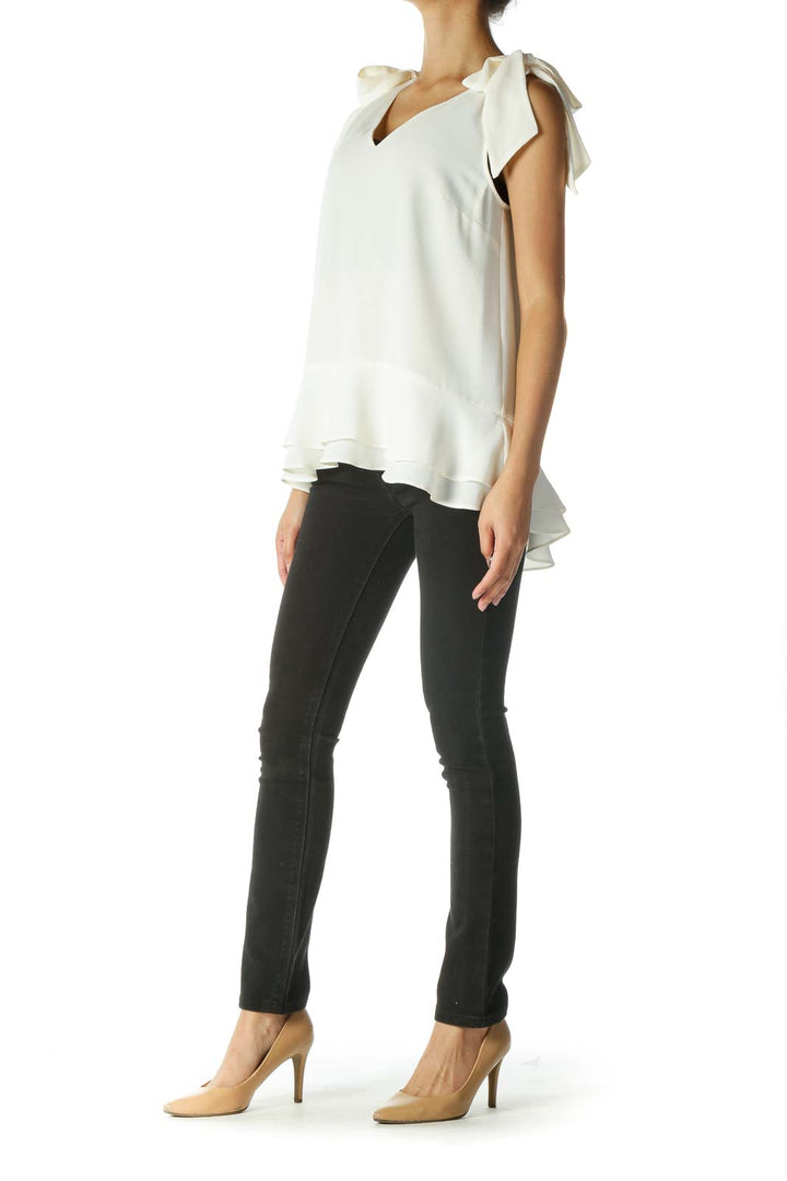 Cream V-Neck Bow Detail Flared Blouse