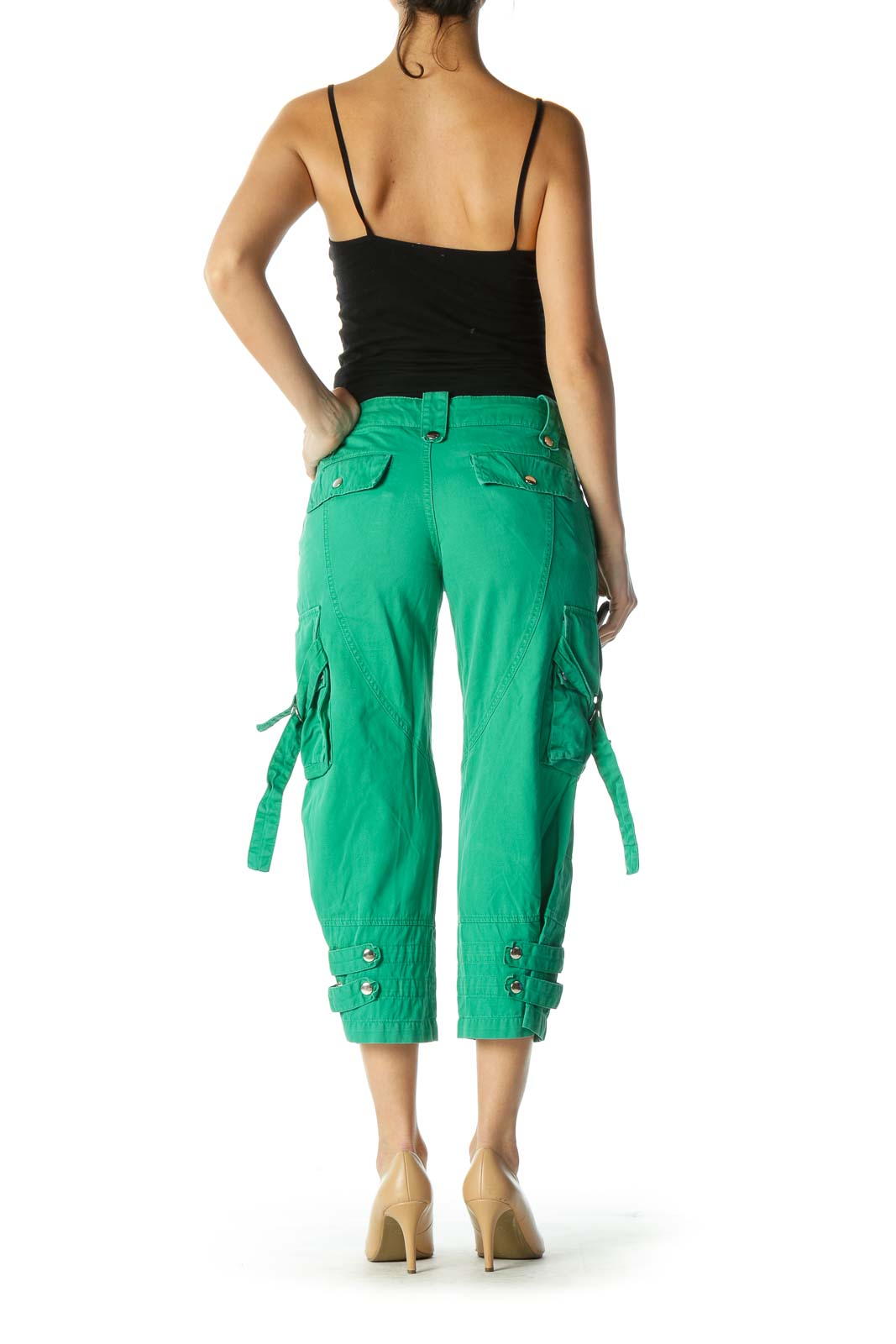 Green Snap Buttons Pocketed Cropped Pants