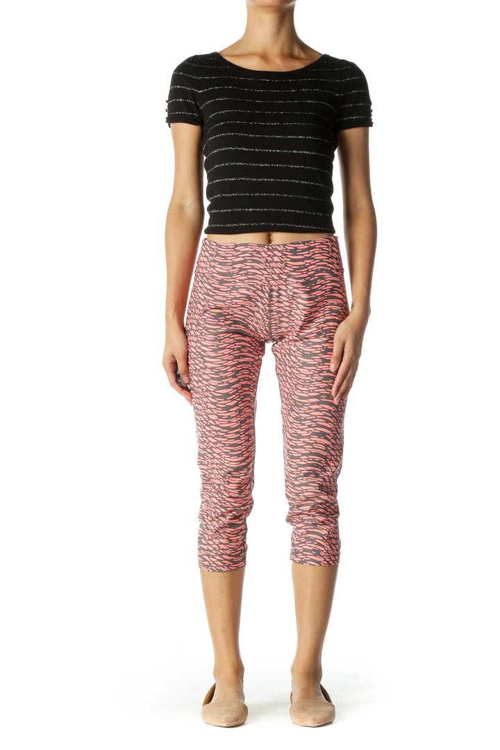 Gray and Pink Print Cropped Leggings