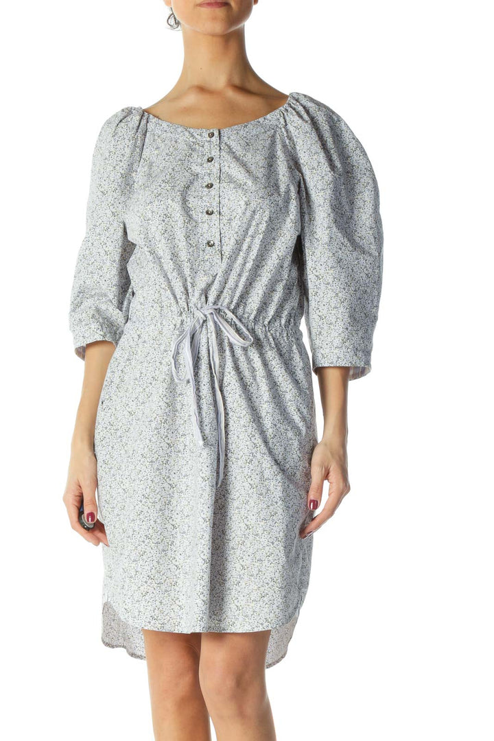 Blue Puff Sleeve Floral Print Dress