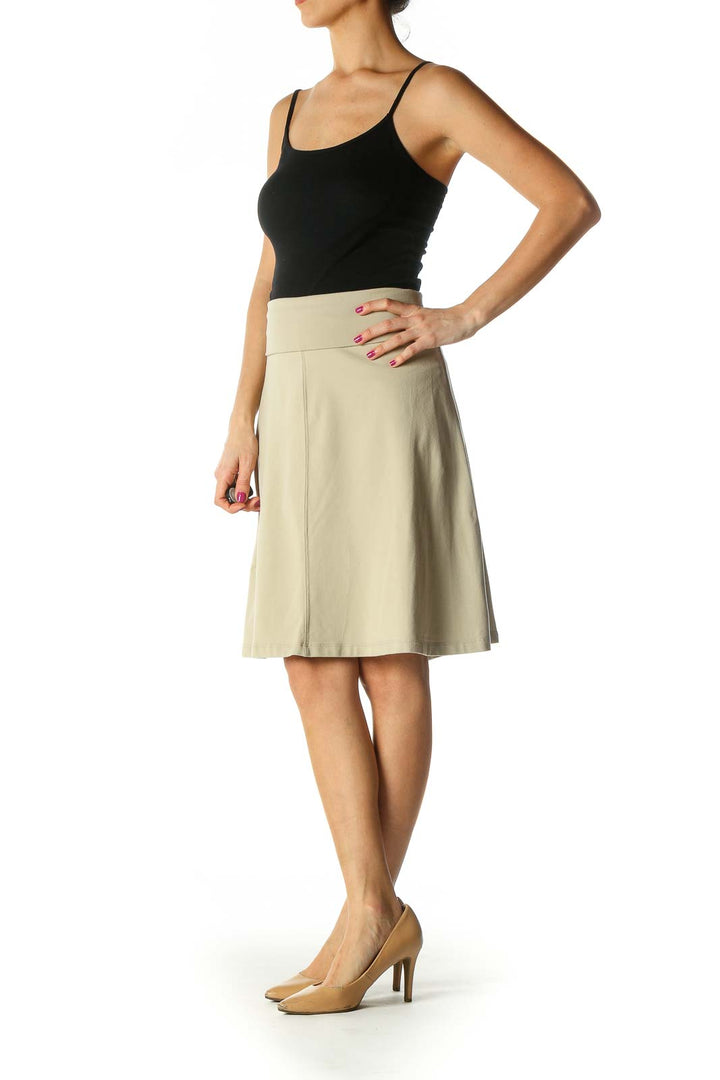 Beige Solid Retro Flared Skirt