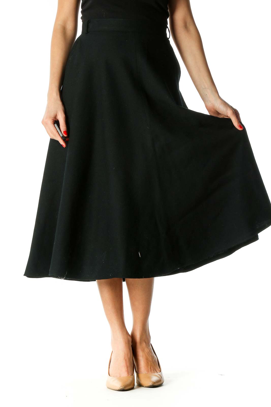 Black Solid Retro Flared Skirt