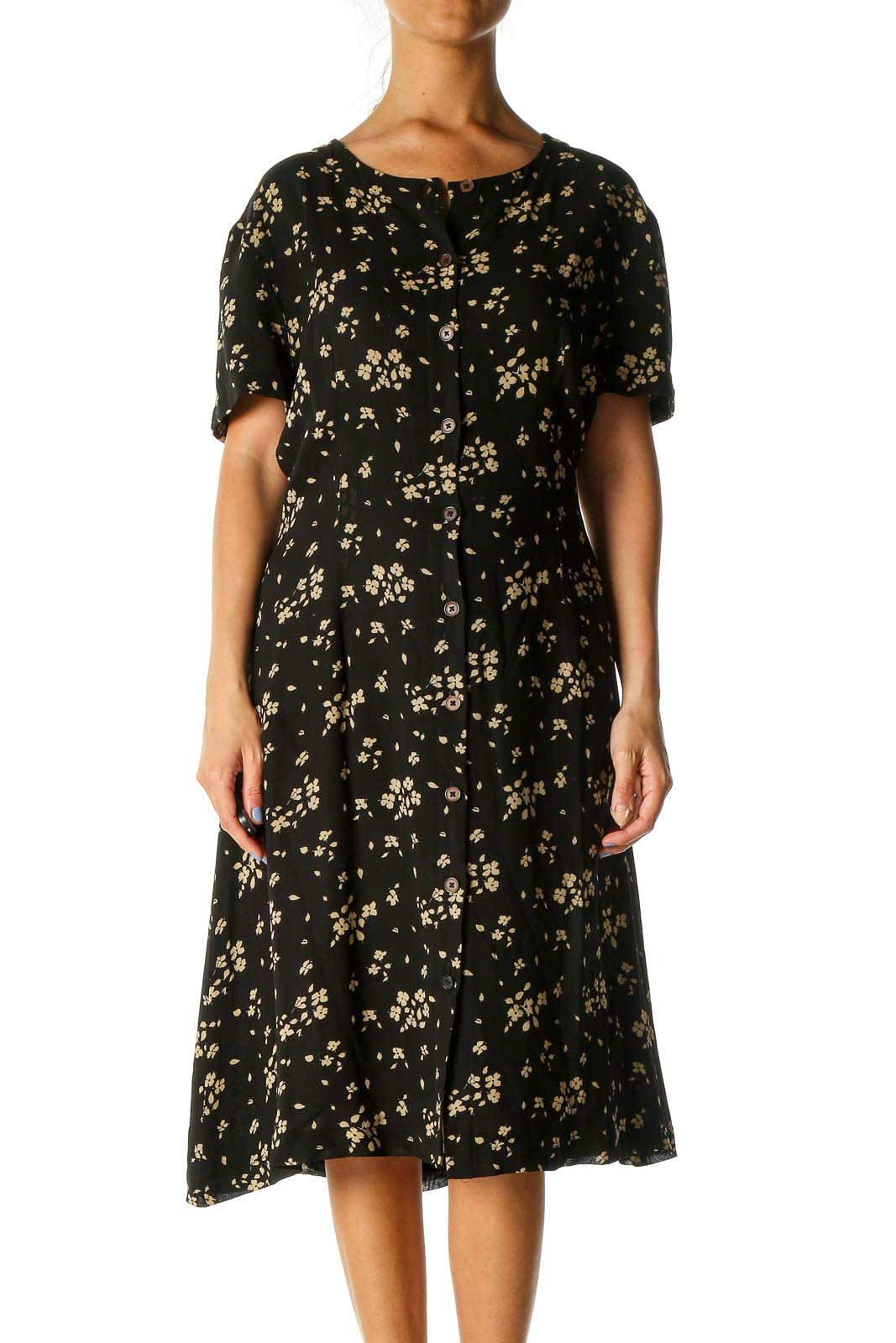 Black Floral Print A-Line Dress