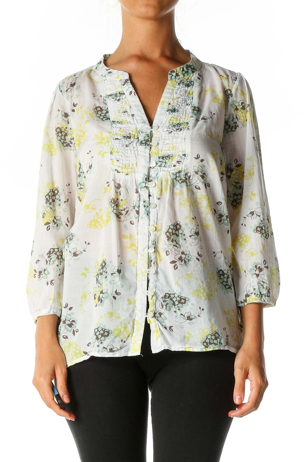 White Floral Print Retro Blouse
