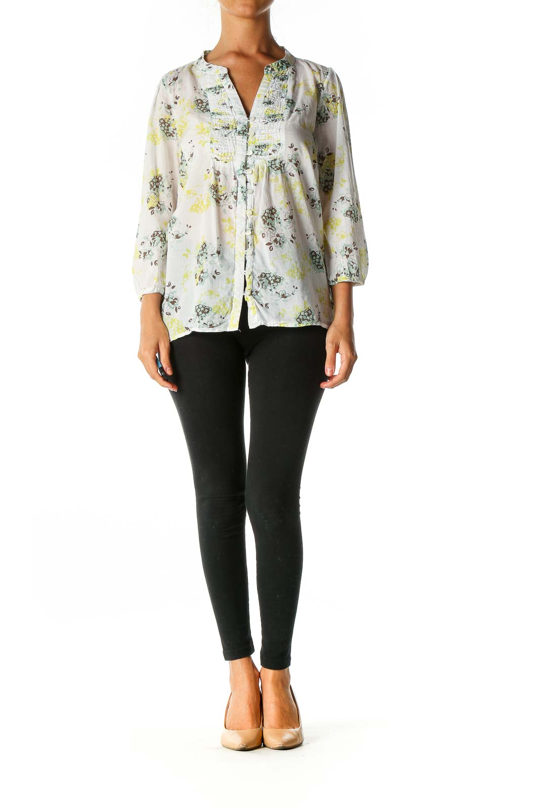 White Floral Print Retro Blouse