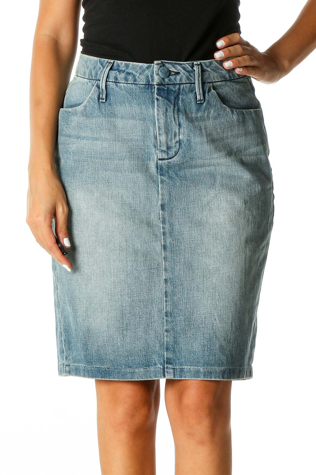 Blue Solid Casual Pencil Skirt