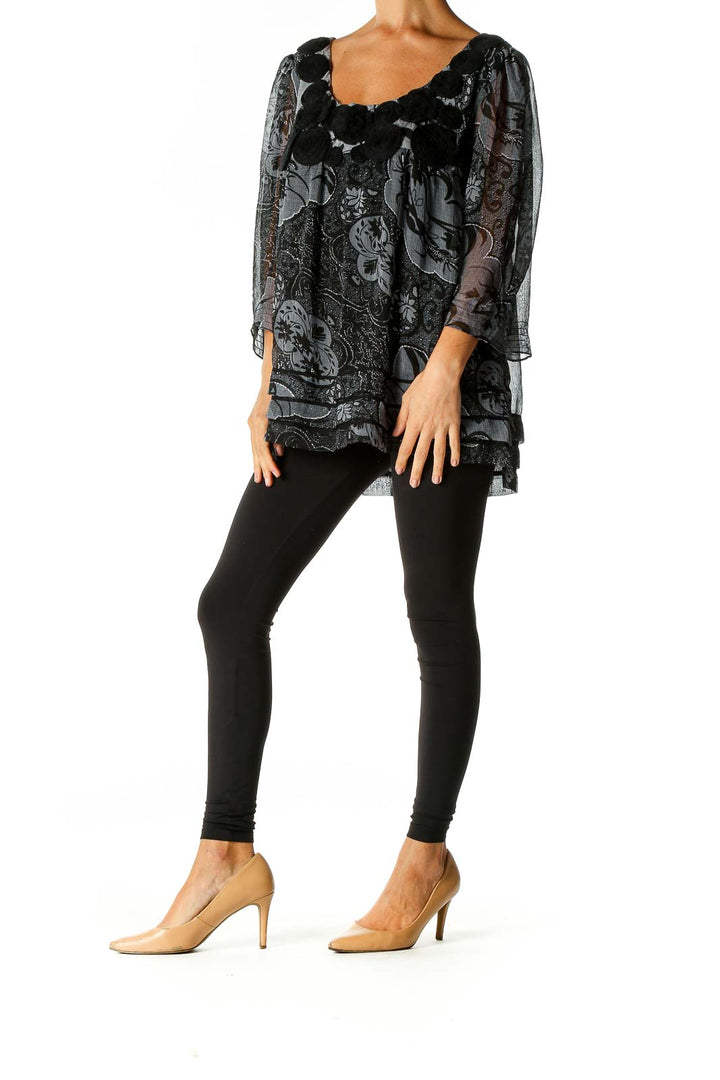 Black Graphic Print Bohemian Blouse