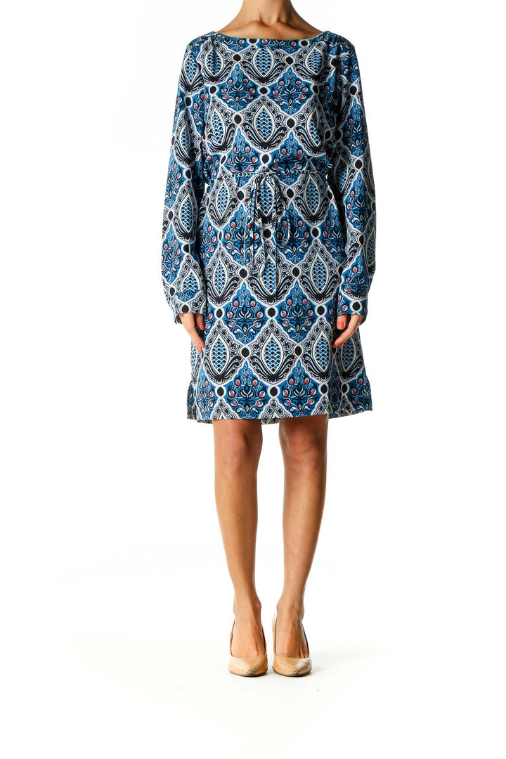 Blue Printed Retro Shift Dress