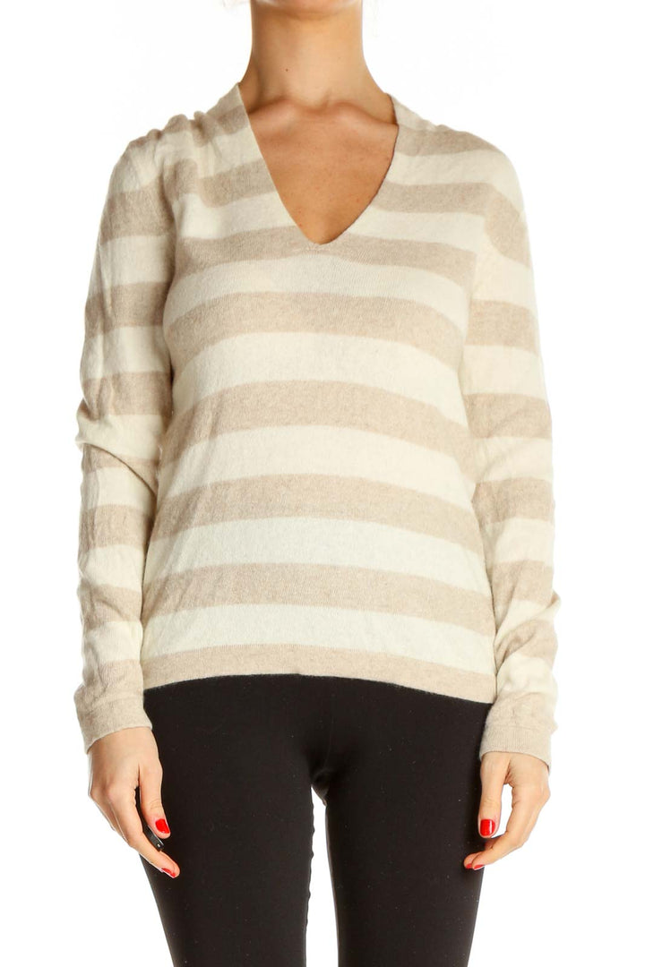 Beige Striped All Day Wear Sweater