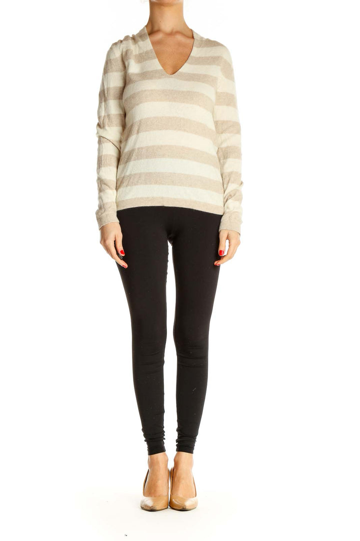 Beige Striped All Day Wear Sweater