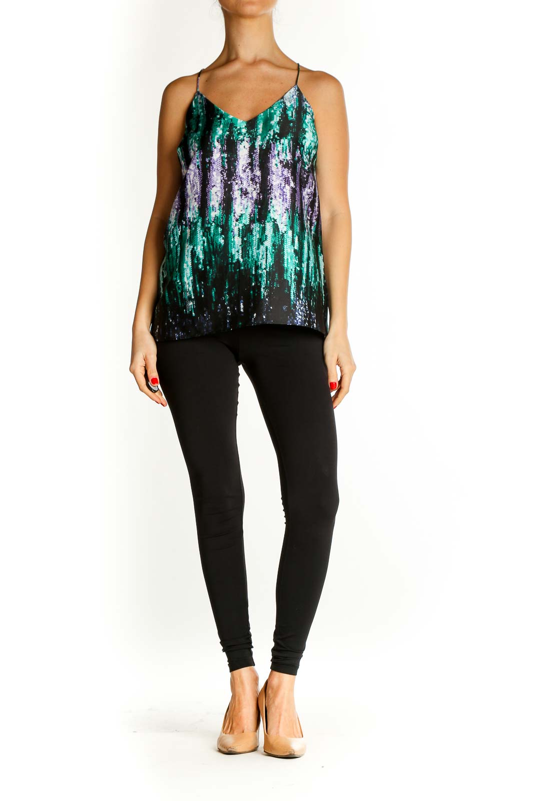 Black Graphic Print Sequin Party Top