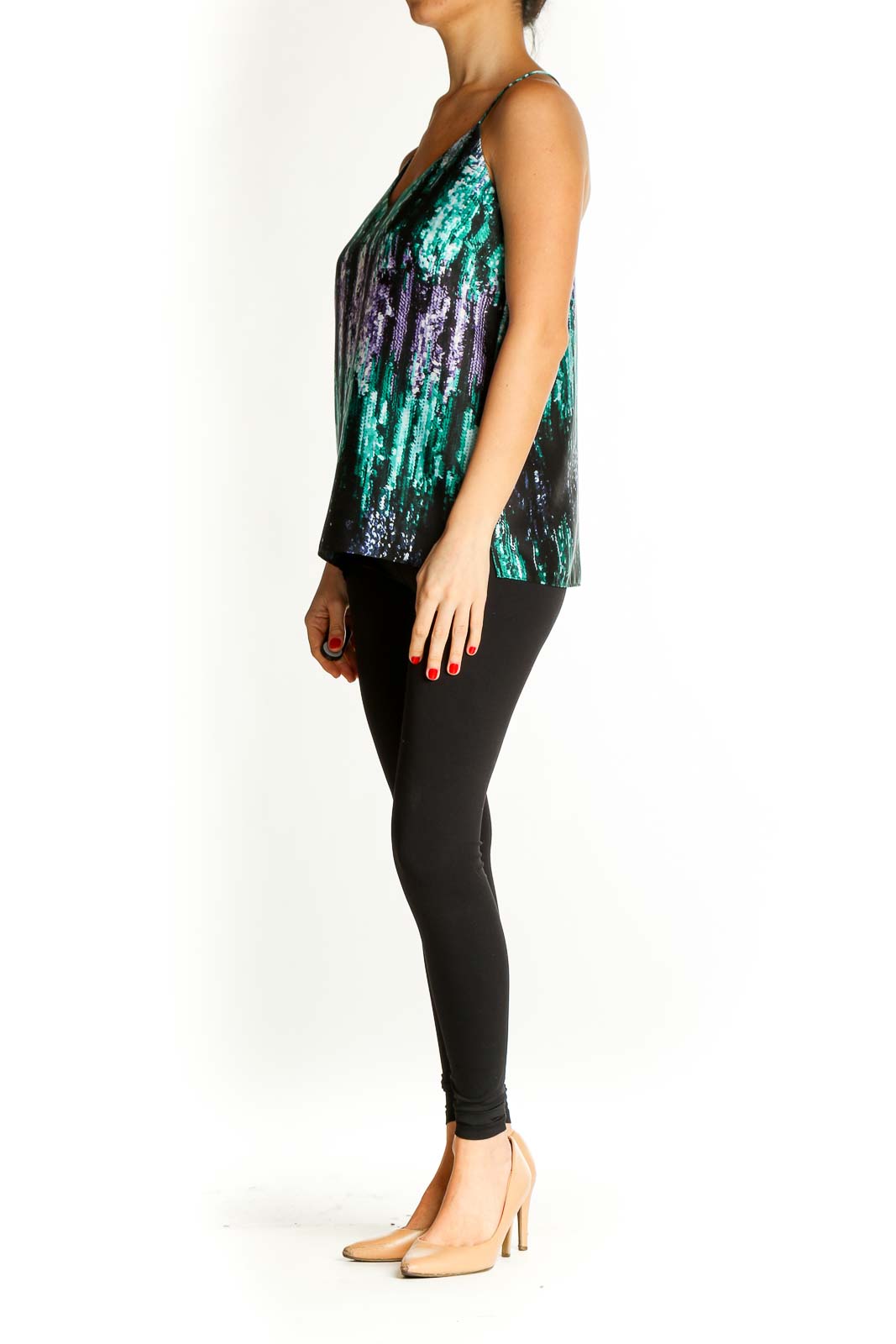 Black Graphic Print Sequin Party Top